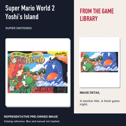 Representative pre-owned Super Mario World 2 Yoshi's Island (Super Nintendo), editorial image and detail.