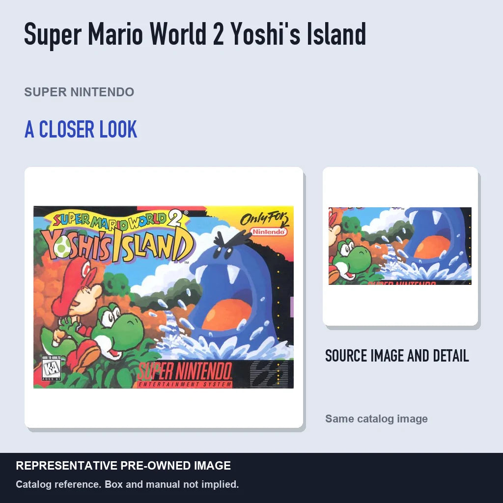 Representative pre-owned Super Mario World 2 Yoshi's Island (Super Nintendo), full image with detail inset.