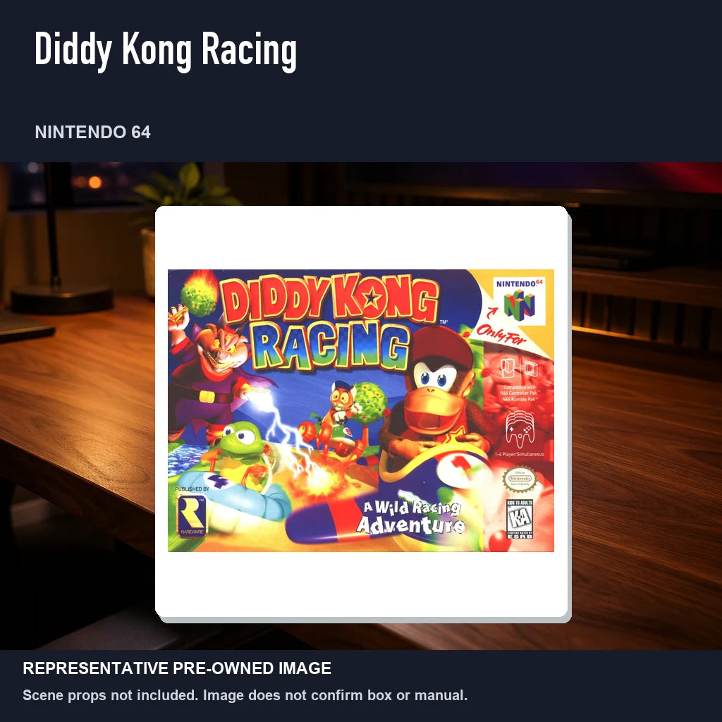 Representative pre-owned Diddy Kong Racing (Nintendo 64), product image in a styled desk scene.