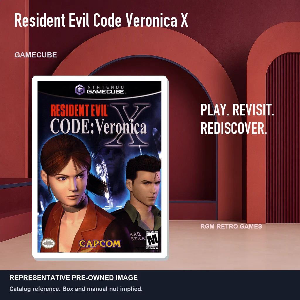 Representative pre-owned Resident Evil Code Veronica X (GameCube), red retro product layout.