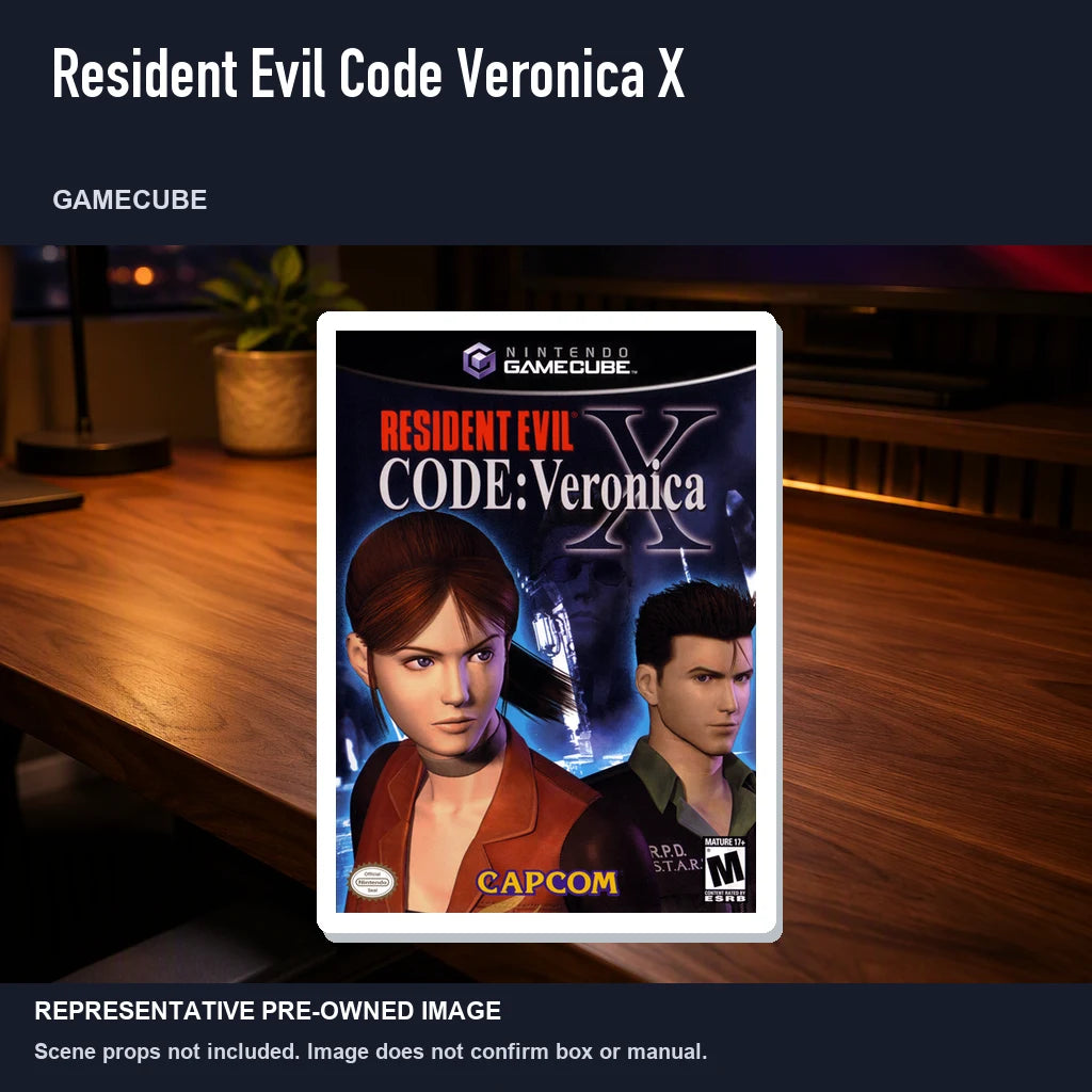 Representative pre-owned Resident Evil Code Veronica X (GameCube), product image in a styled desk scene.
