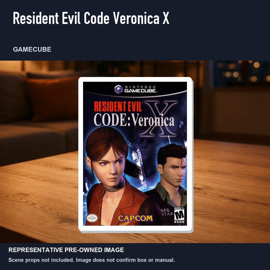 Representative pre-owned Resident Evil Code Veronica X (GameCube), product image in a styled room scene.