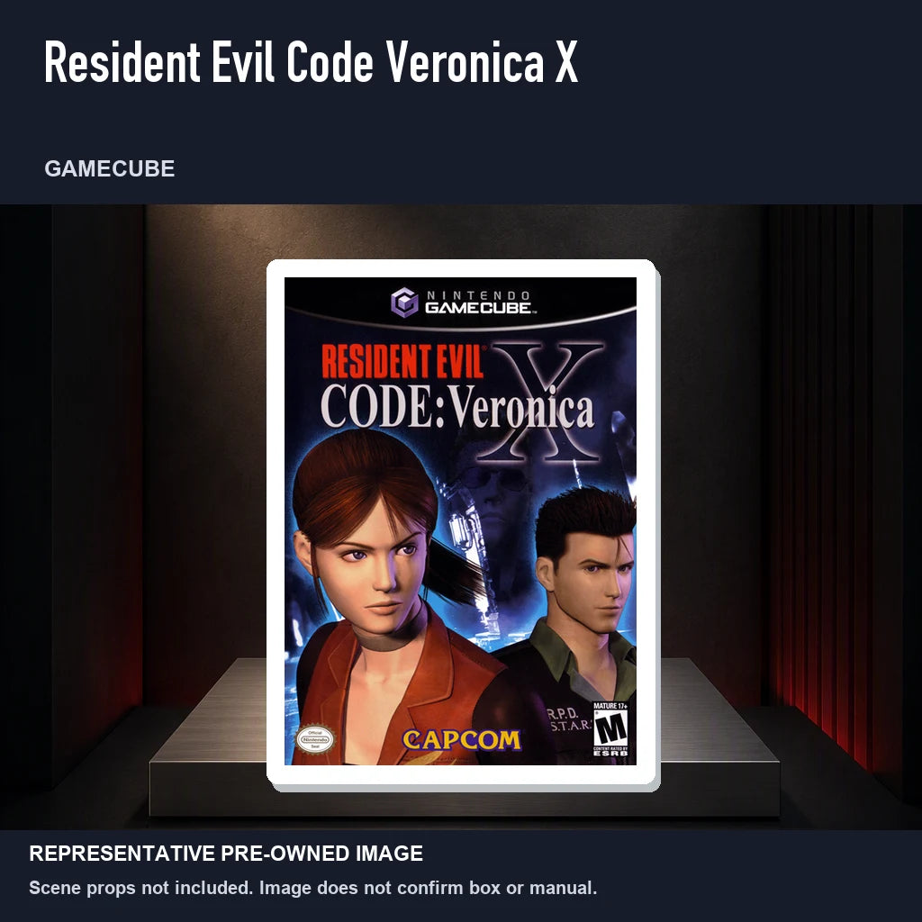 Representative pre-owned Resident Evil Code Veronica X (GameCube), product image on a display panel.
