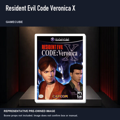 Representative pre-owned Resident Evil Code Veronica X (GameCube), product image on a display panel.