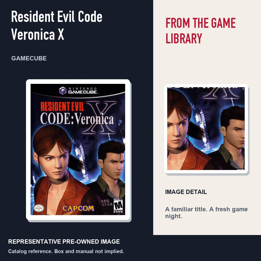 Representative pre-owned Resident Evil Code Veronica X (GameCube), editorial image and detail.
