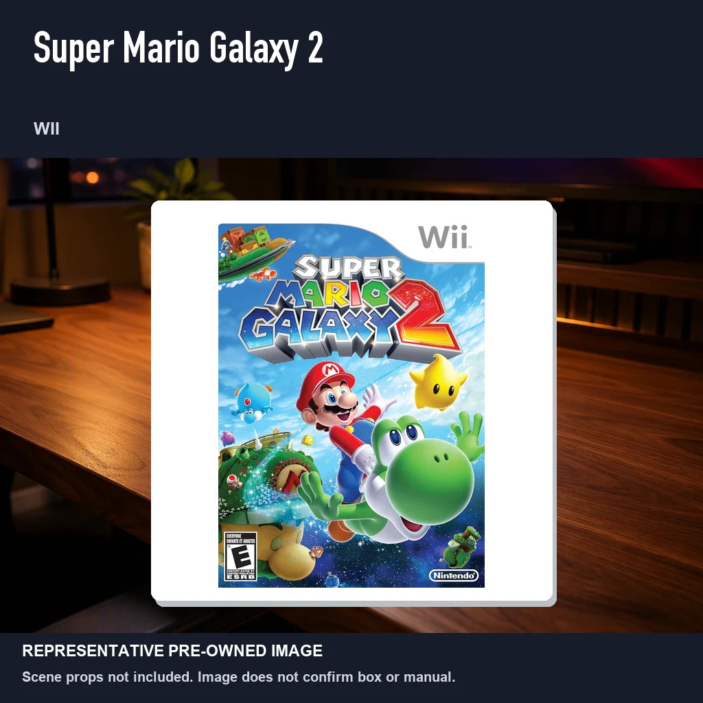 Representative pre-owned Super Mario Galaxy 2 (Wii), product image in a styled desk scene.