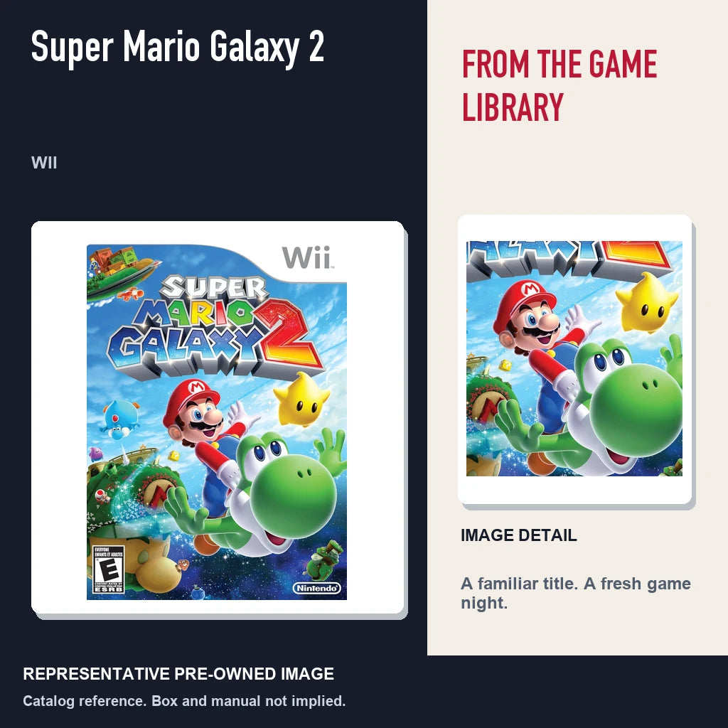 Representative pre-owned Super Mario Galaxy 2 (Wii), editorial image and detail.