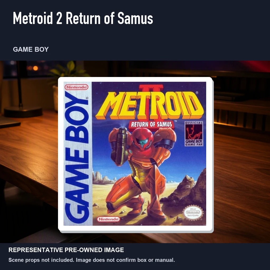 Representative pre-owned Metroid 2 Return of Samus (Game Boy), product image in a styled desk scene.
