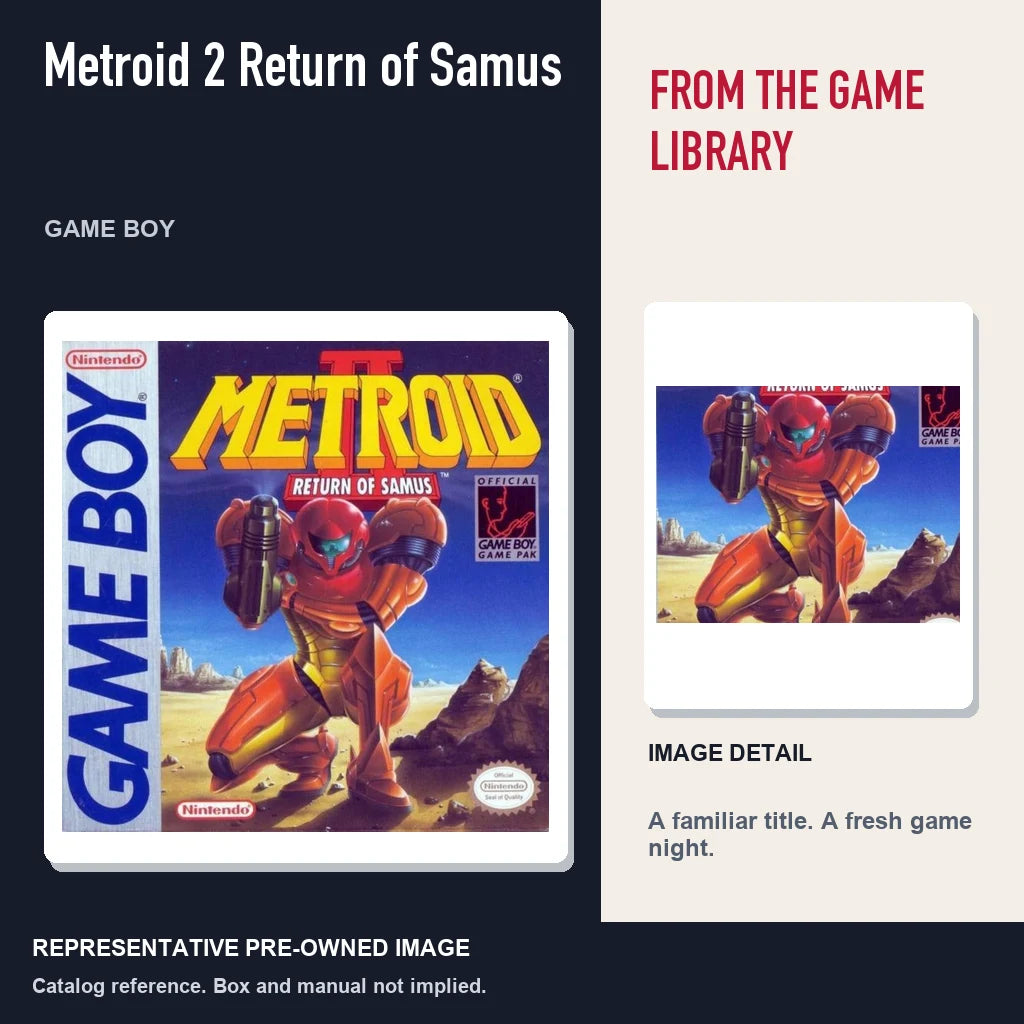 Representative pre-owned Metroid 2 Return of Samus (Game Boy), editorial image and detail.