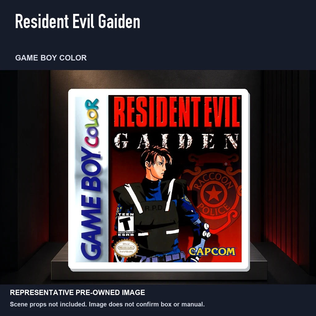 Representative pre-owned Resident Evil Gaiden (Game Boy Color), product image on a display panel.