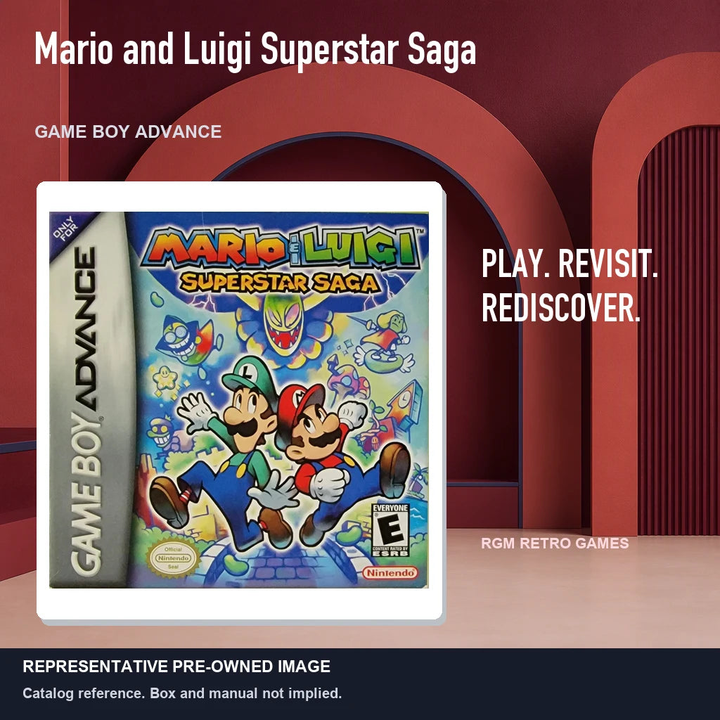 Representative pre-owned Mario and Luigi Superstar Saga (Game Boy Advance), red retro product layout.