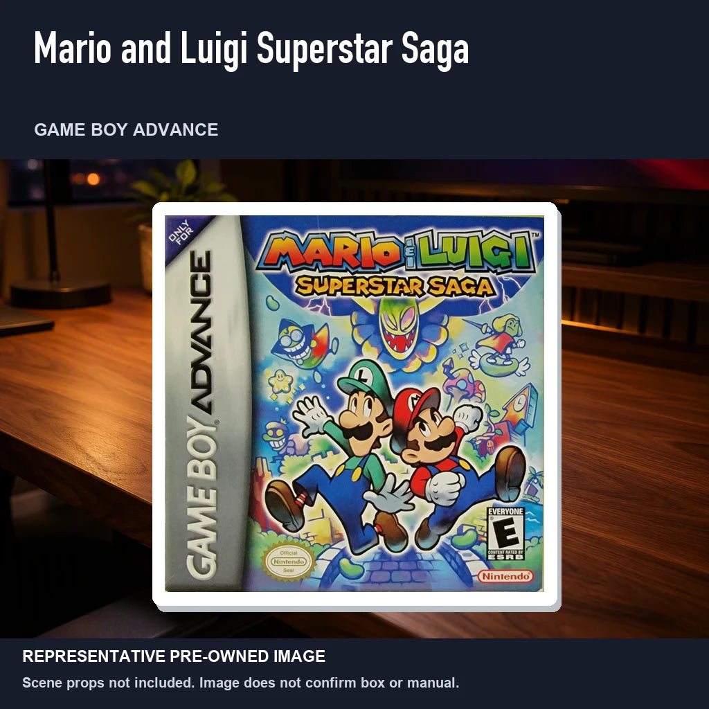 Representative pre-owned Mario and Luigi Superstar Saga (Game Boy Advance), product image in a styled desk scene.