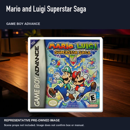 Representative pre-owned Mario and Luigi Superstar Saga (Game Boy Advance), product image in a styled desk scene.