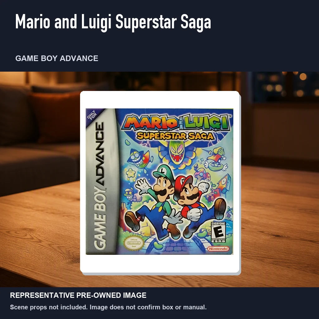 Representative pre-owned Mario and Luigi Superstar Saga (Game Boy Advance), product image in a styled room scene.