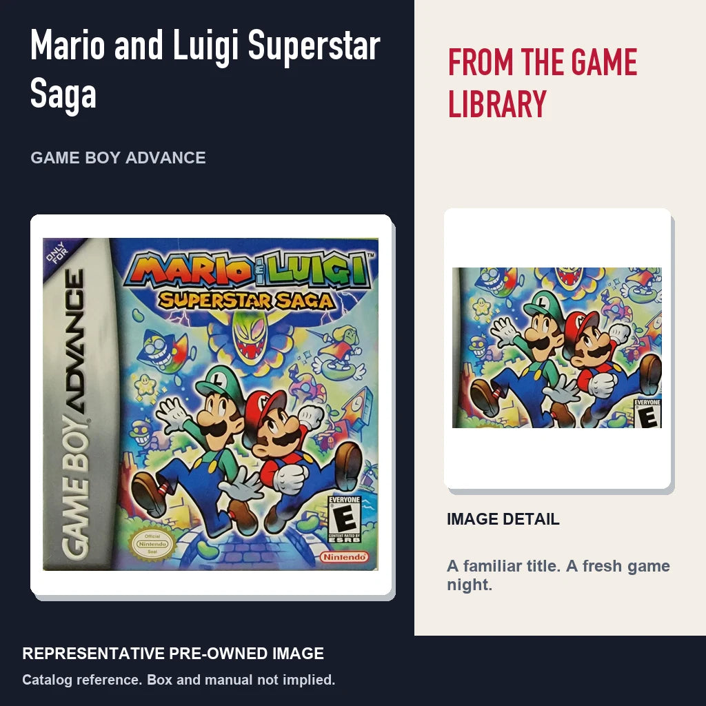 Representative pre-owned Mario and Luigi Superstar Saga (Game Boy Advance), editorial image and detail.