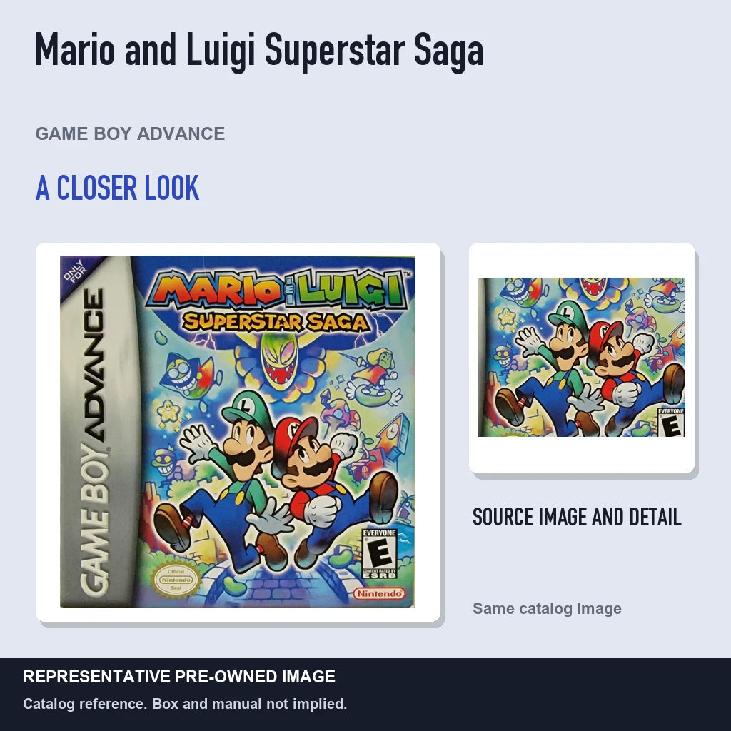 Representative pre-owned Mario and Luigi Superstar Saga (Game Boy Advance), full image with detail inset.