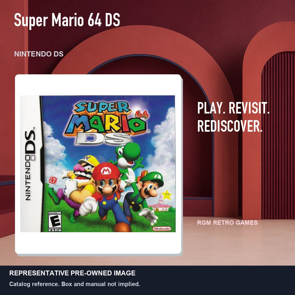 Representative pre-owned Super Mario 64 DS (Nintendo DS), red retro product layout.