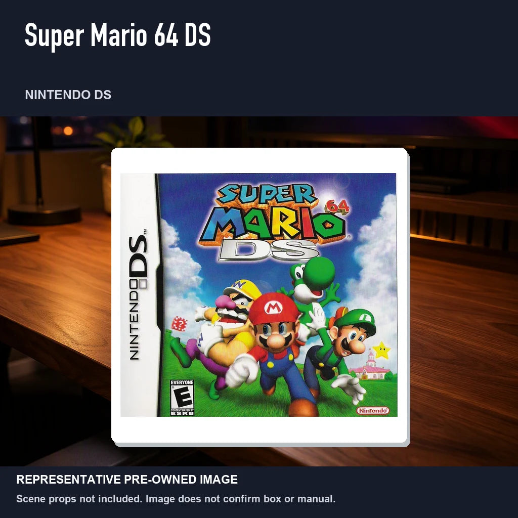 Representative pre-owned Super Mario 64 DS (Nintendo DS), product image in a styled desk scene.