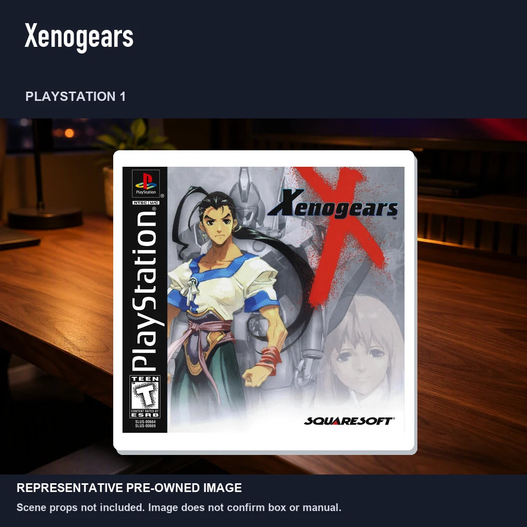 Representative pre-owned Xenogears (PlayStation 1), product image in a styled desk scene.