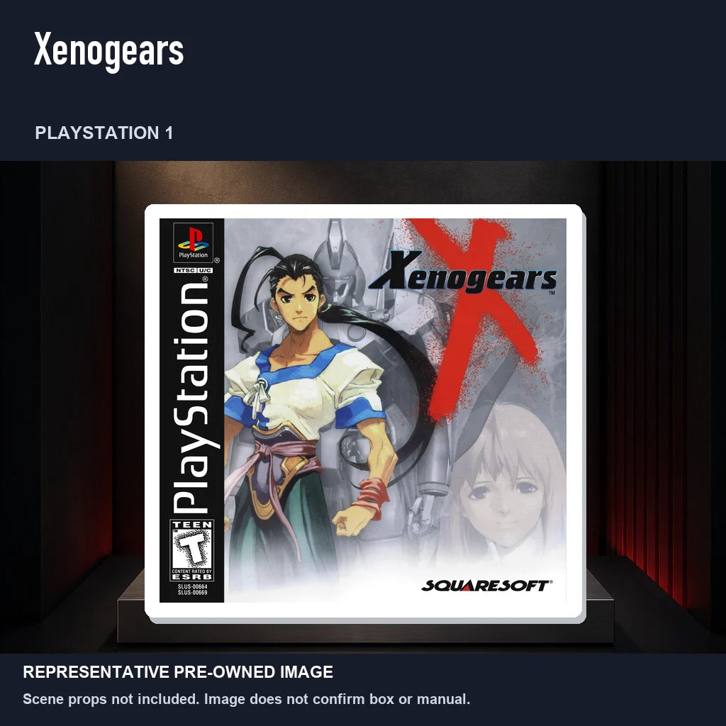 Representative pre-owned Xenogears (PlayStation 1), product image on a display panel.
