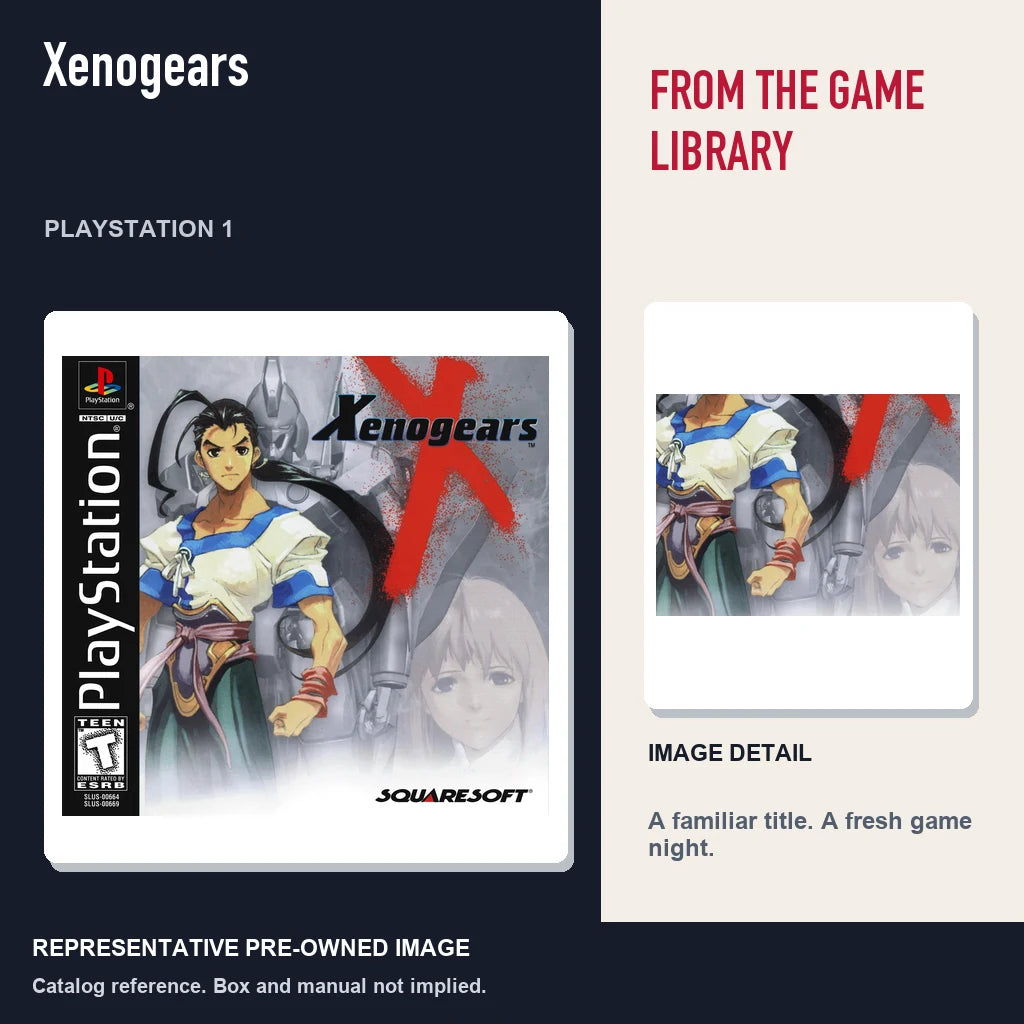 Representative pre-owned Xenogears (PlayStation 1), editorial image and detail.