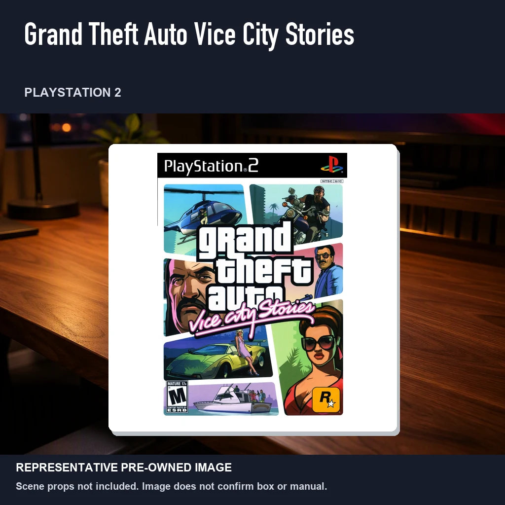 Representative pre-owned Grand Theft Auto Vice City Stories (PlayStation 2), product image in a styled desk scene.