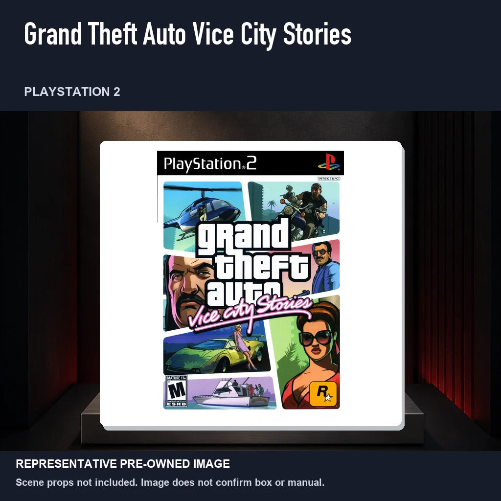 Representative pre-owned Grand Theft Auto Vice City Stories (PlayStation 2), product image on a display panel.