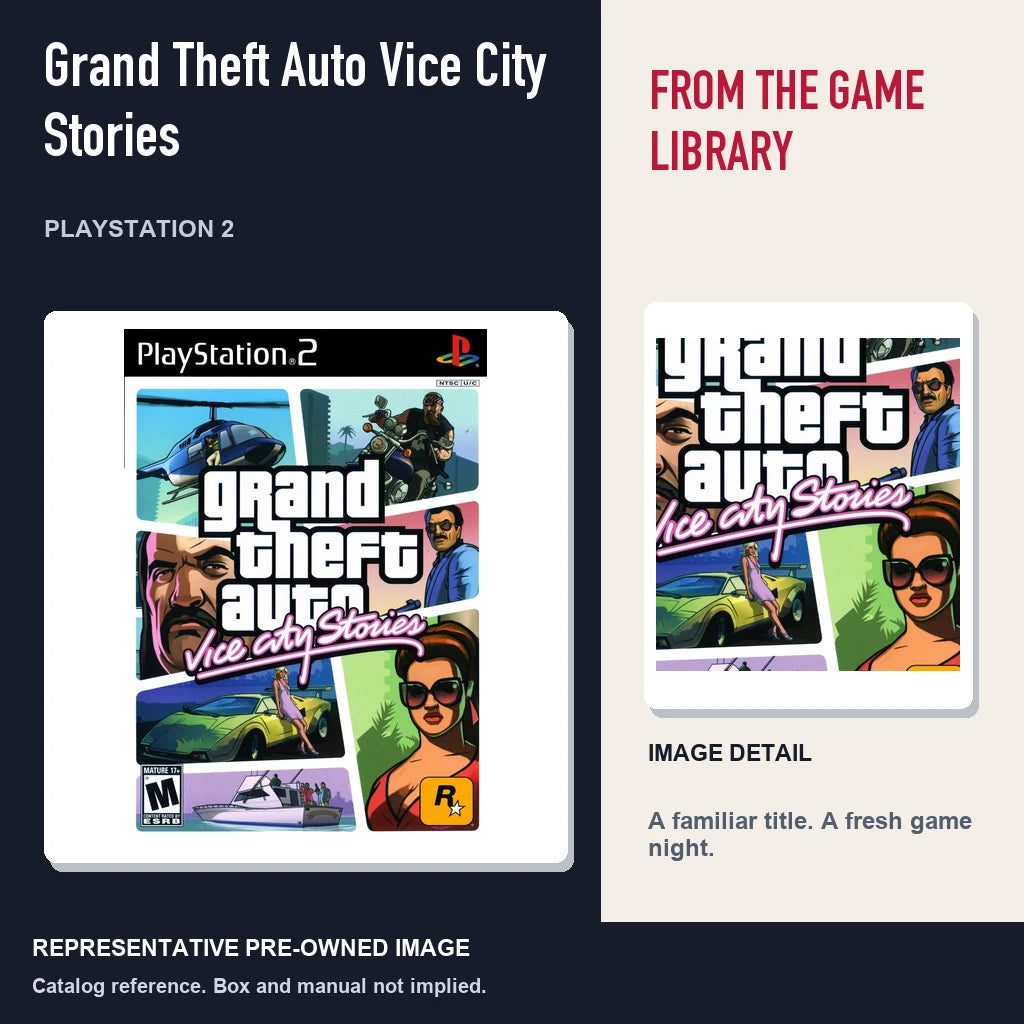 Representative pre-owned Grand Theft Auto Vice City Stories (PlayStation 2), editorial image and detail.