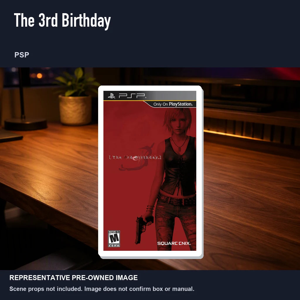 Representative pre-owned The 3rd Birthday (PSP), product image in a styled desk scene.