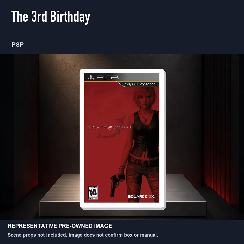 Representative pre-owned The 3rd Birthday (PSP), product image on a display panel.