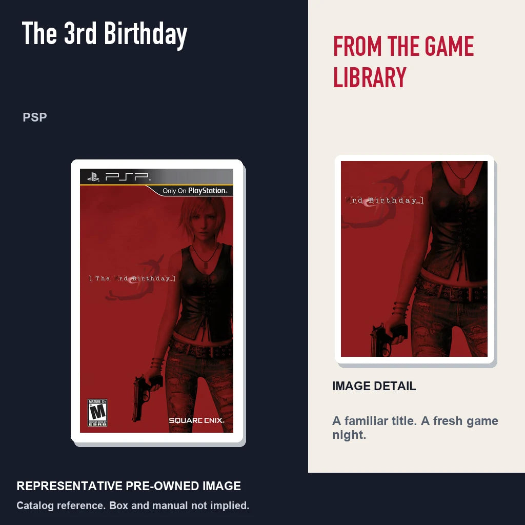 Representative pre-owned The 3rd Birthday (PSP), editorial image and detail.
