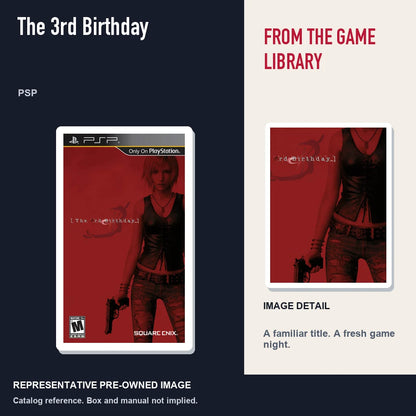 Representative pre-owned The 3rd Birthday (PSP), editorial image and detail.