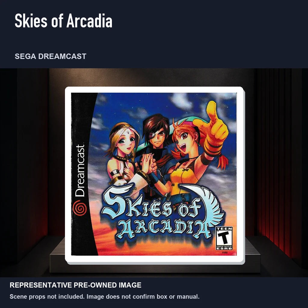 Representative pre-owned Skies of Arcadia (Sega Dreamcast), product image on a display panel.