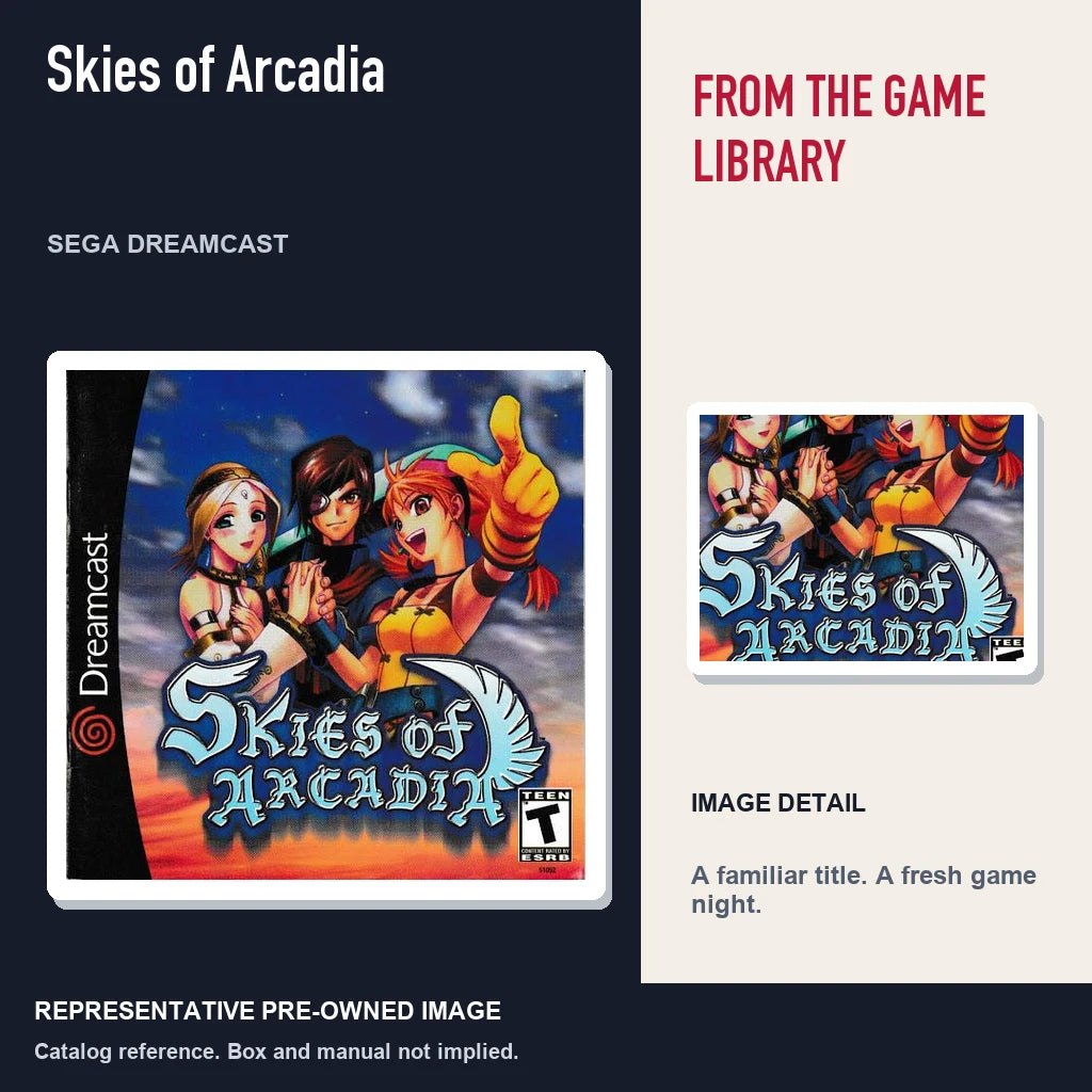 Representative pre-owned Skies of Arcadia (Sega Dreamcast), editorial image and detail.