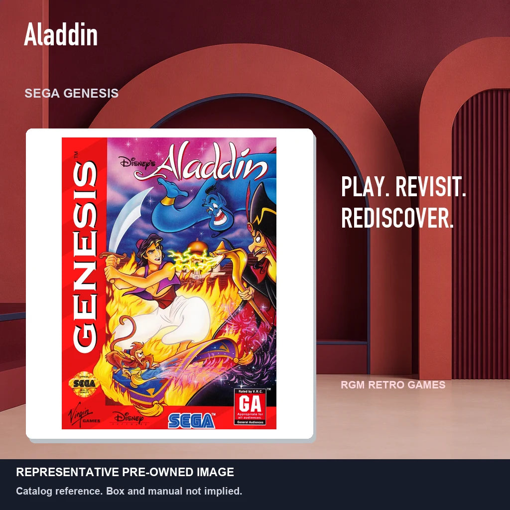 Representative pre-owned Aladdin (Sega Genesis), red retro product layout.