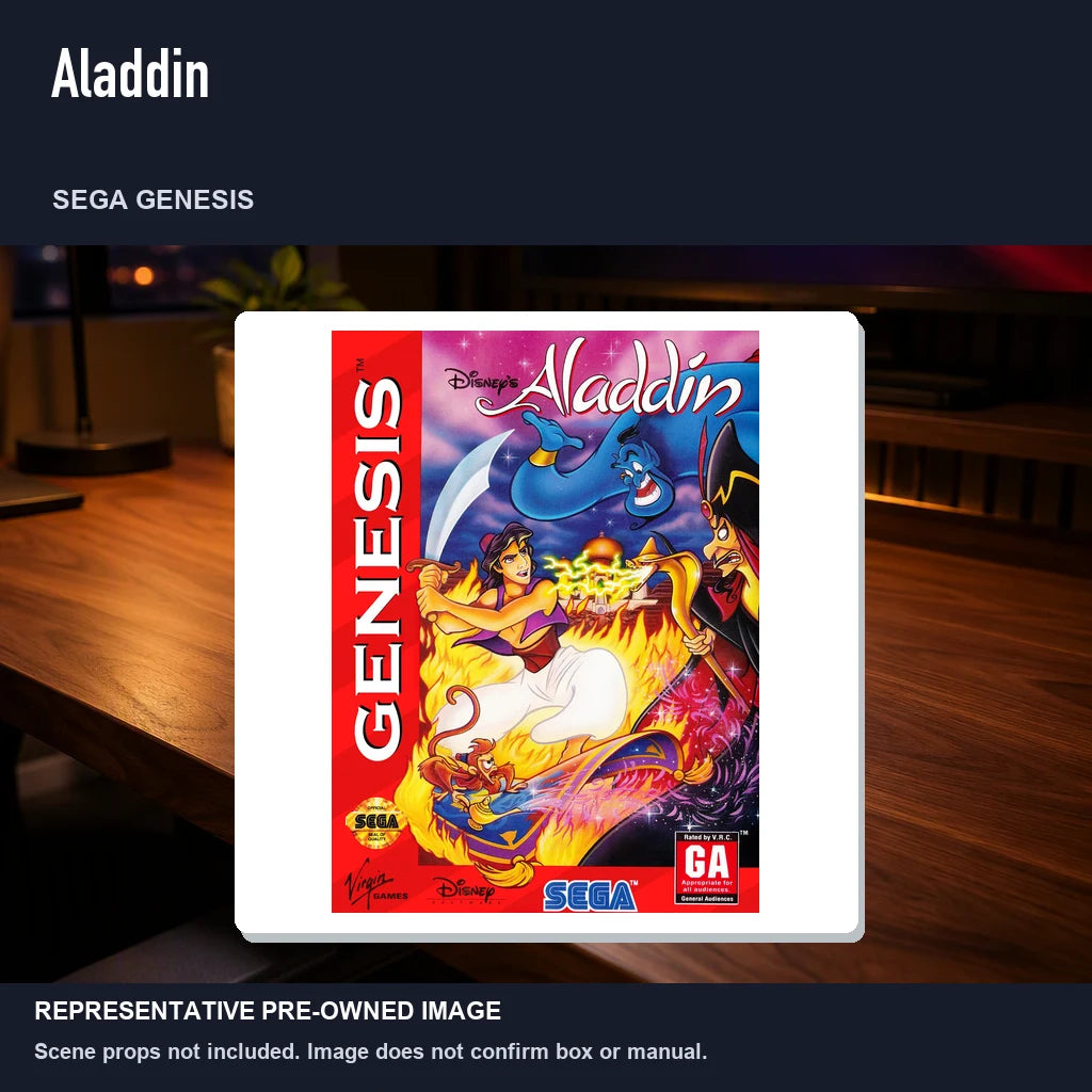 Representative pre-owned Aladdin (Sega Genesis), product image in a styled desk scene.