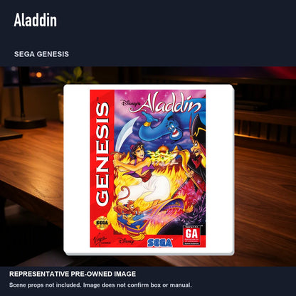 Representative pre-owned Aladdin (Sega Genesis), product image in a styled desk scene.