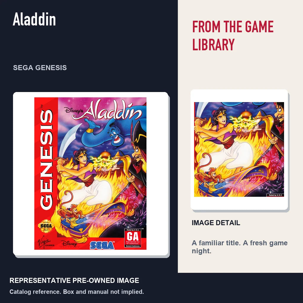 Representative pre-owned Aladdin (Sega Genesis), editorial image and detail.