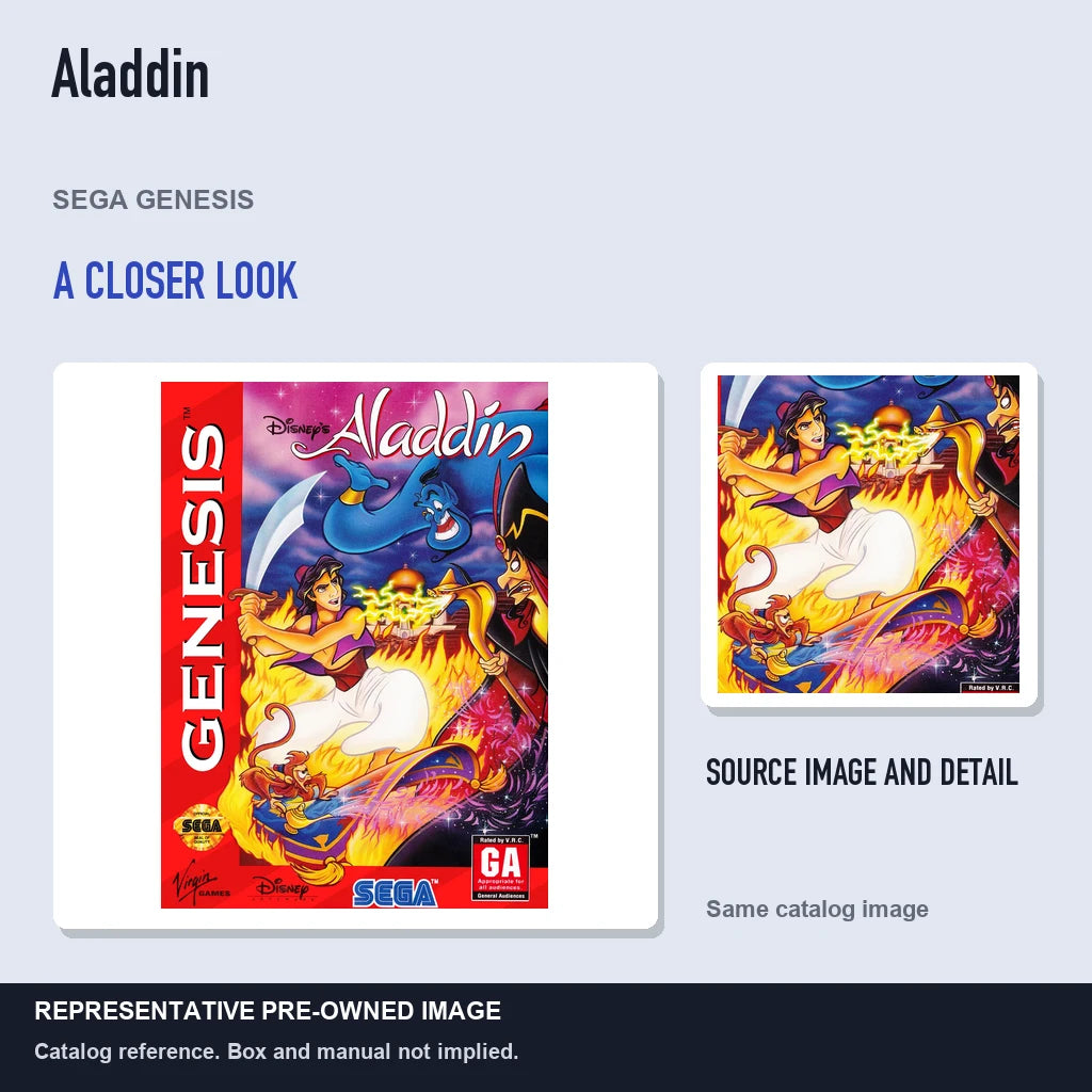 Representative pre-owned Aladdin (Sega Genesis), full image with detail inset.