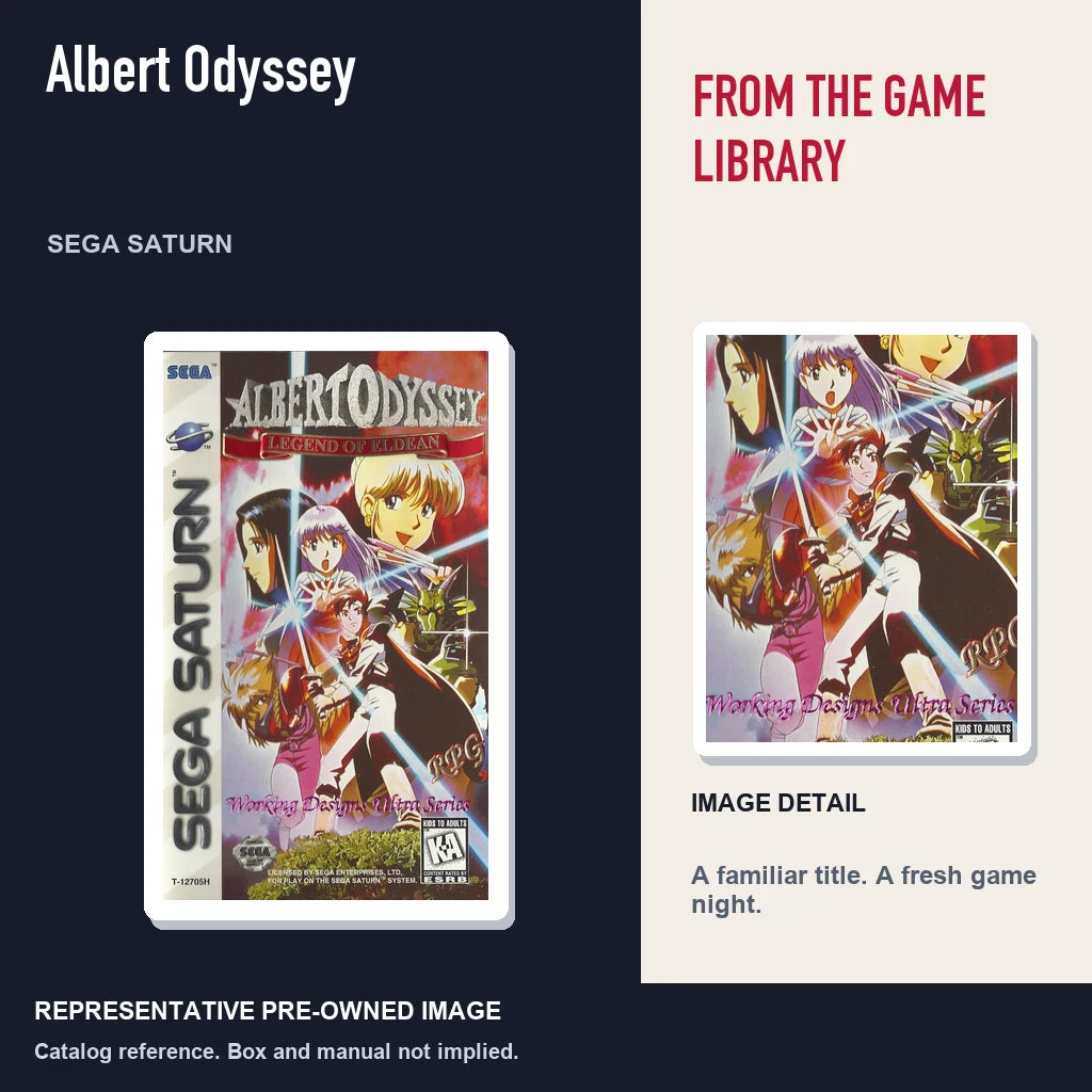 Representative pre-owned Albert Odyssey (Sega Saturn), editorial image and detail.
