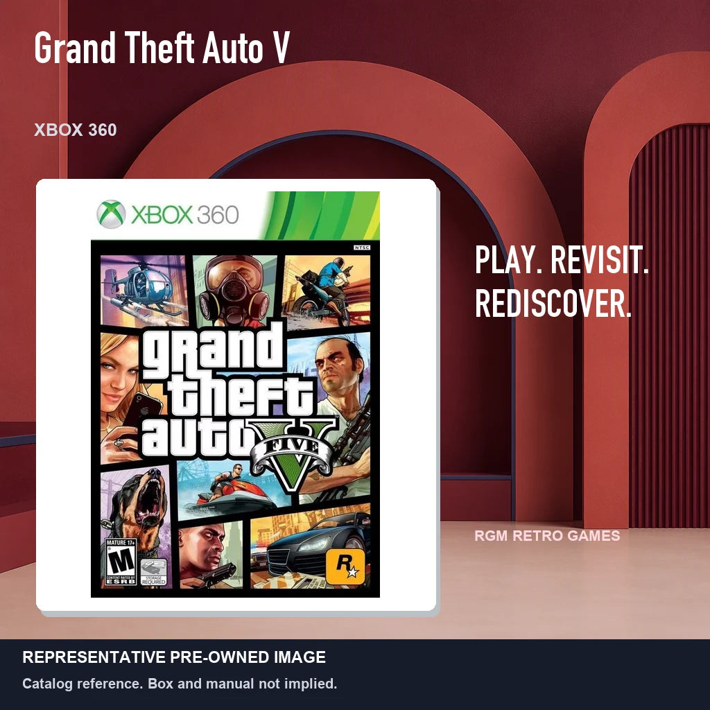 Representative pre-owned Grand Theft Auto V (Xbox 360), red retro product layout.