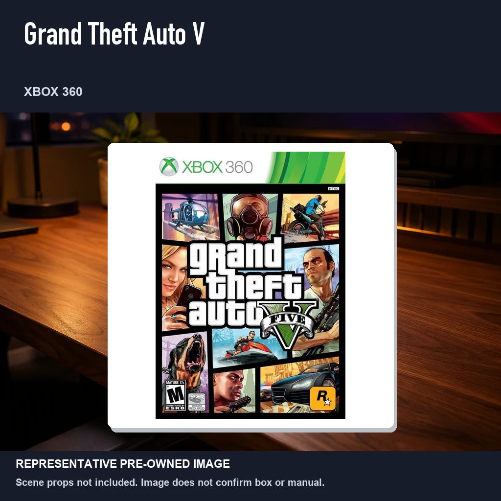Representative pre-owned Grand Theft Auto V (Xbox 360), product image in a styled desk scene.