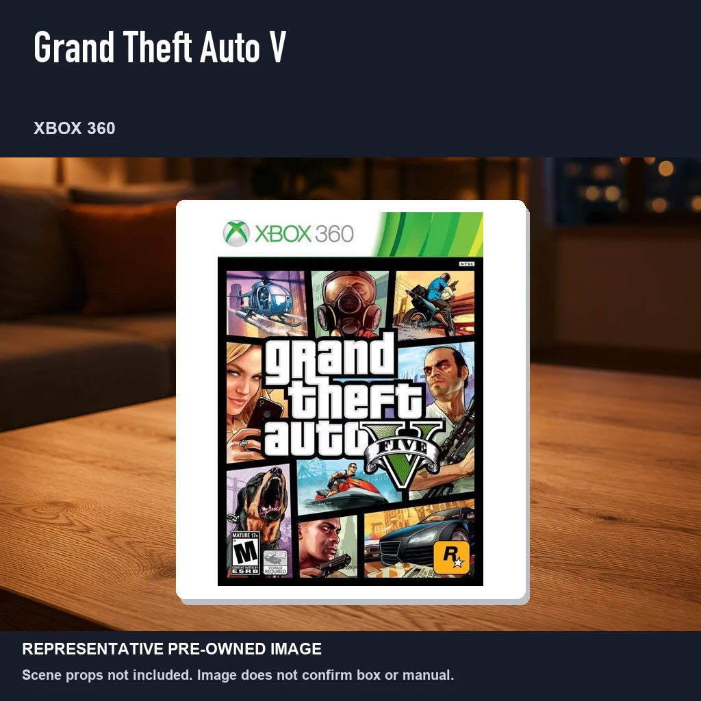 Representative pre-owned Grand Theft Auto V (Xbox 360), product image in a styled room scene.