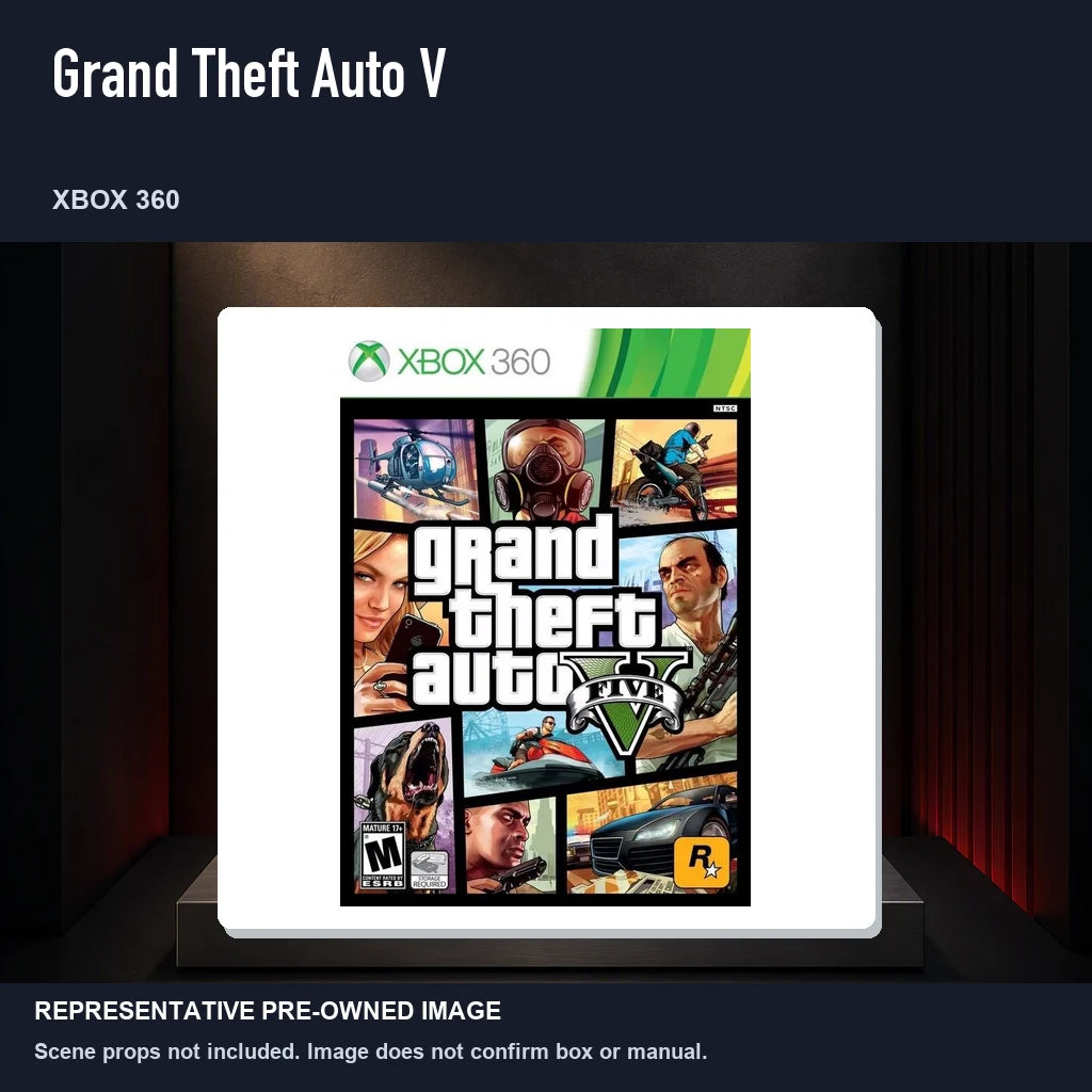 Representative pre-owned Grand Theft Auto V (Xbox 360), product image on a display panel.