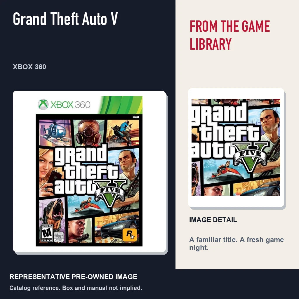 Representative pre-owned Grand Theft Auto V (Xbox 360), editorial image and detail.