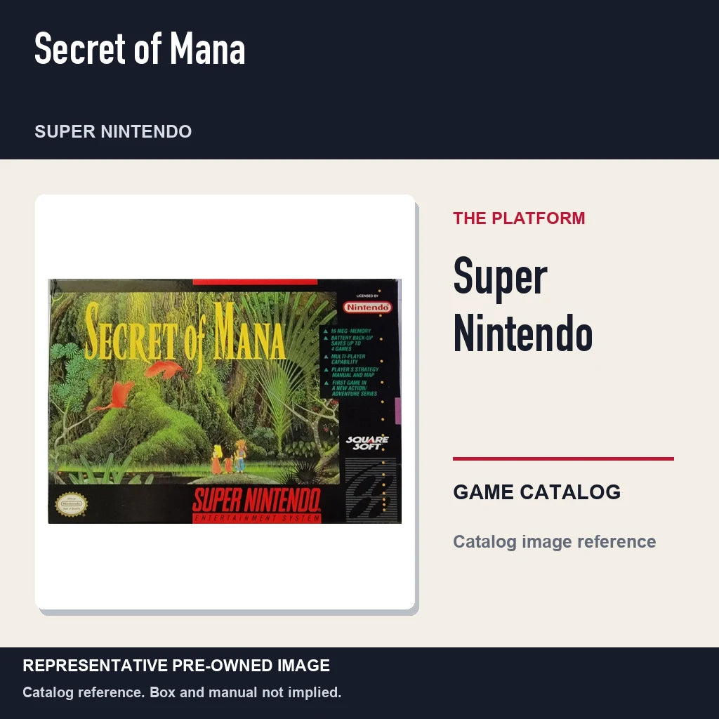 Representative pre-owned Secret of Mana (Super Nintendo), platform product layout.