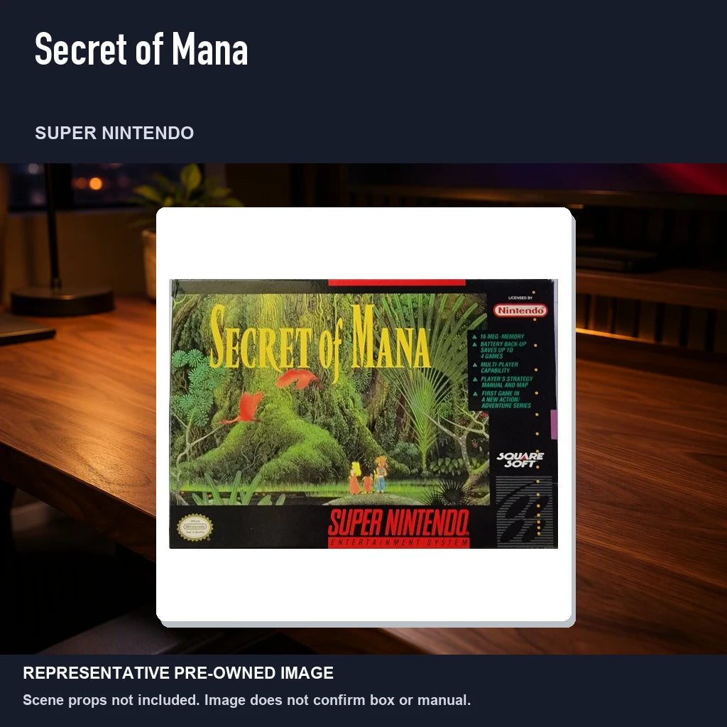 Representative pre-owned Secret of Mana (Super Nintendo), product image in a styled desk scene.