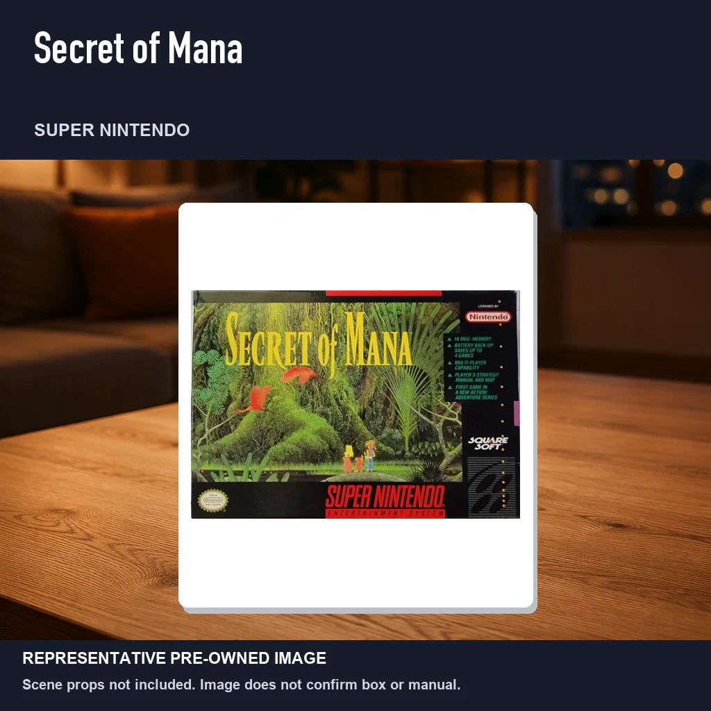 Representative pre-owned Secret of Mana (Super Nintendo), product image in a styled room scene.