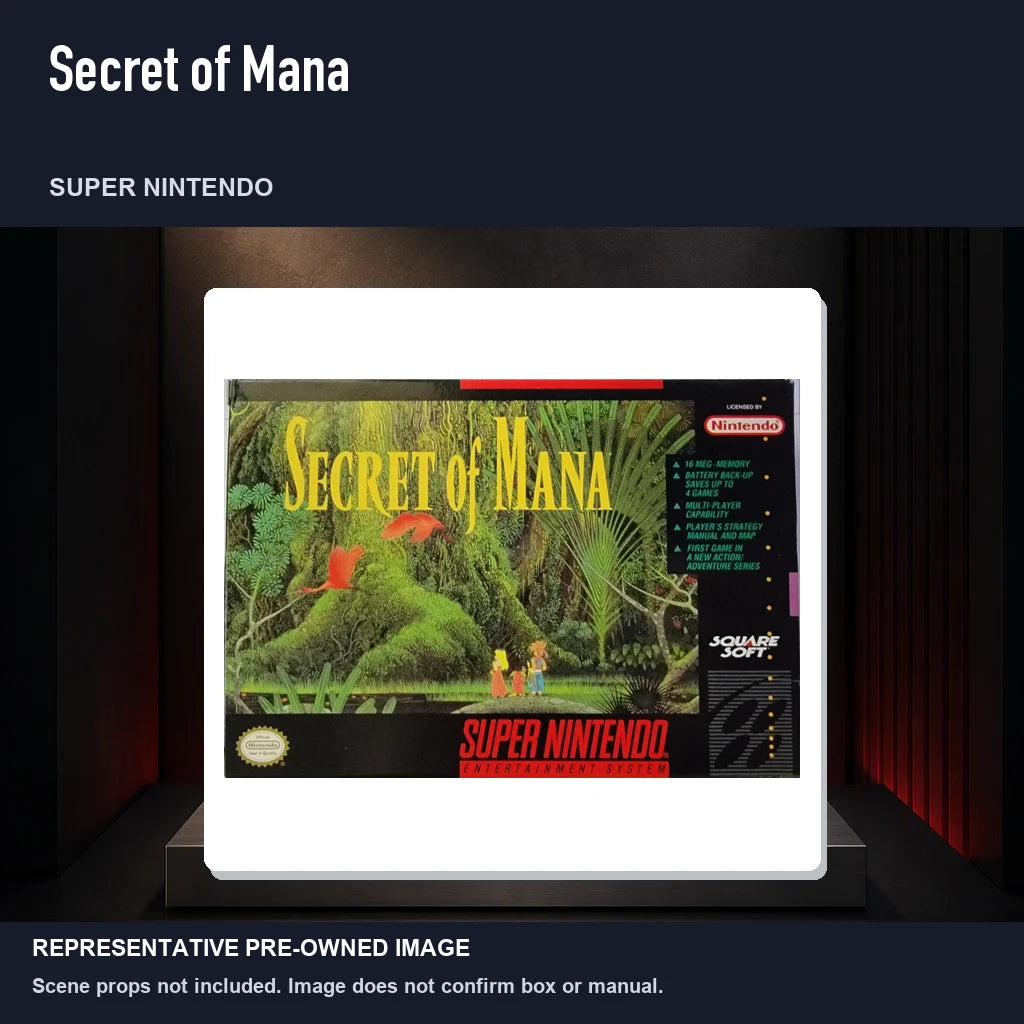 Representative pre-owned Secret of Mana (Super Nintendo), product image on a display panel.