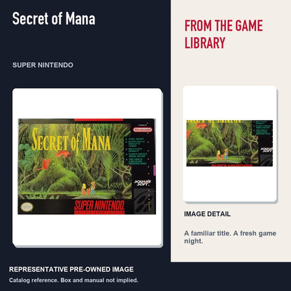 Representative pre-owned Secret of Mana (Super Nintendo), editorial image and detail.
